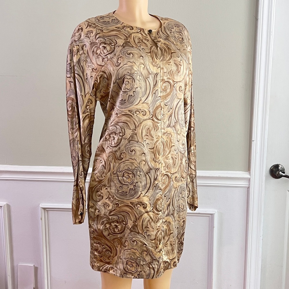 Gillian Silk Mini Dress Womens 8 Vintage 90s Paisley Long Sleeve Tan Earthy Chic
